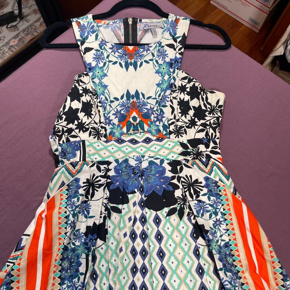 Rwish Fit and Flare Floral Geometric Dress with blues/orange - Size Small - Picture 2 of 8